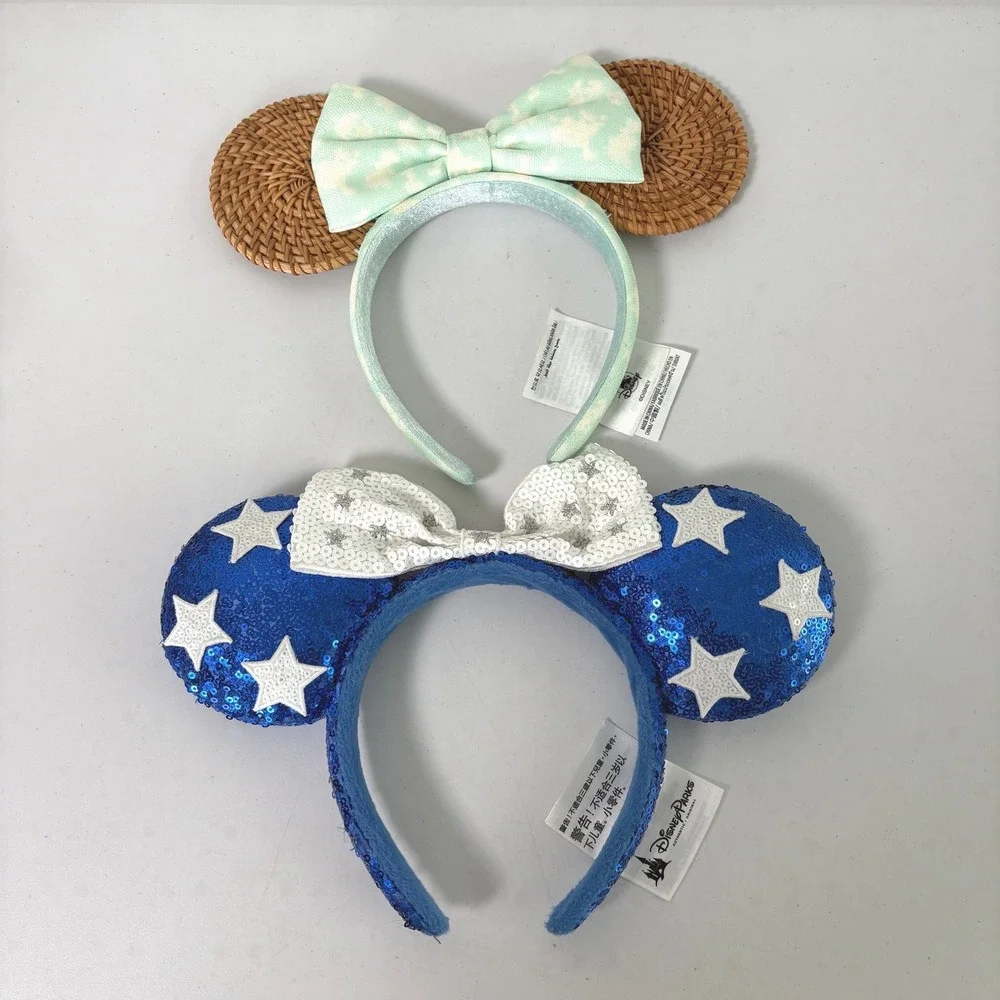 Disney Parks Minnie Mouse Ears Headband  Wicker Beach Day Patriotic Sequin Stars